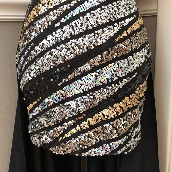 NEW COLORS SZ 4 BLACK SATIN SILVER GOLD SEQUIN ONE SHOULDER DRESS WITH TRAIN - Picture 5 of 15